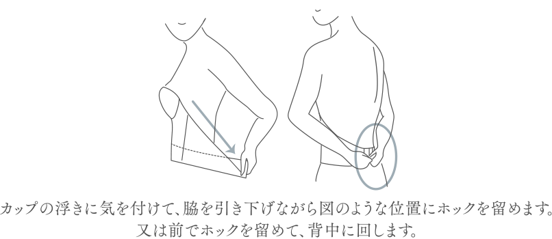 カップの浮きに気を付けて、脇を引き下げながら図のような位置にホックを留めます。又は前でホックを留めて、背中に回します。