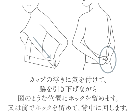 カップの浮きに気を付けて、脇を引き下げながら図のような位置にホックを留めます。又は前でホックを留めて、背中に回します。